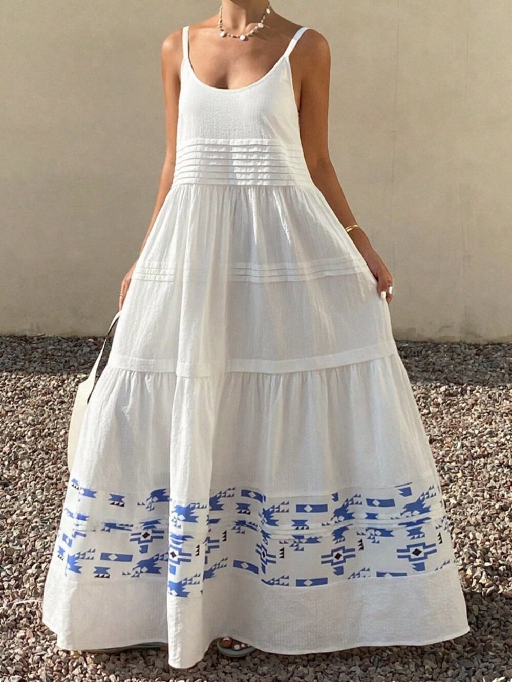 White Boho Women's Textured Patchwork Spaghetti Strap Vacation Sundress - Picture 6 of 7